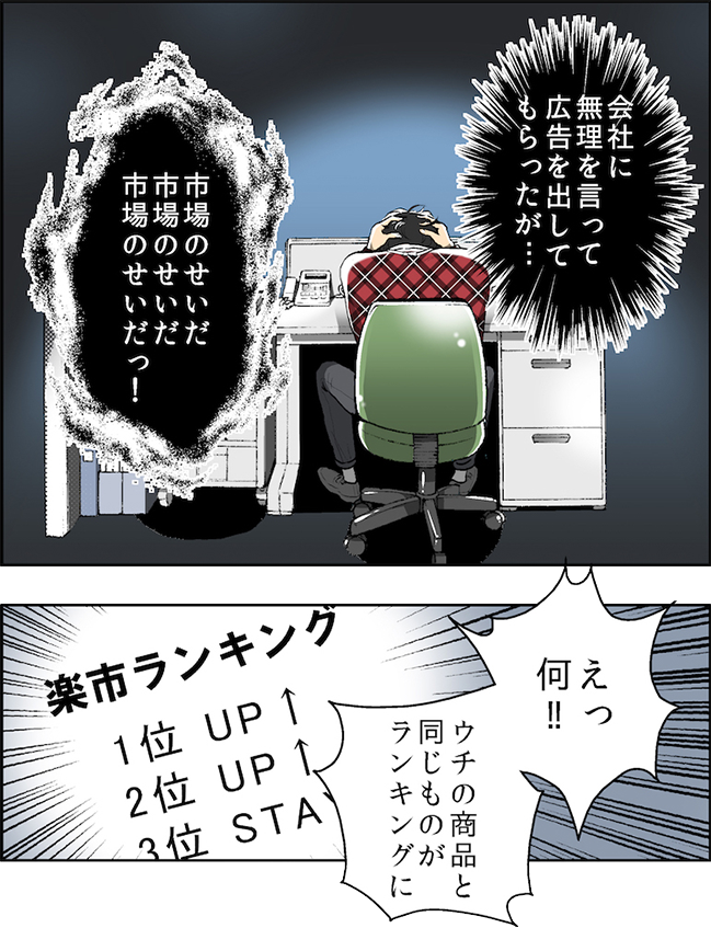 会社に無理を言って広告を出してもらったが・・・市場のせいだ市場のせいだ市場のせいだっ! えっ何!!ウチの商品と同じものがランキングに