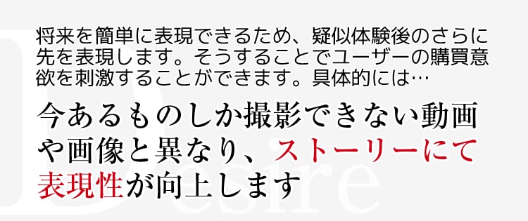 Desire 将来を簡単に表現できるため、擬似体験後のさらに先を表現します。そうすることでユーザーの購買意欲を刺激することができます。具体的には･･･　今あるものしか撮影できない動画や画像と異なり、ストーリーにて表現性が向上します