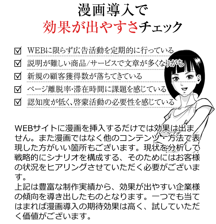 漫画導入効果が出やすさチェック　・WEBに限らず広告活動を定期的に行っている　・説明が難しい商品/サービスで文章が多くなりがち　・新規の顧客獲得数が落ちてきている　・ページ離脱率・滞在時間に課題を感じている　･認知度が低く、啓蒙活動の必要性を感じている